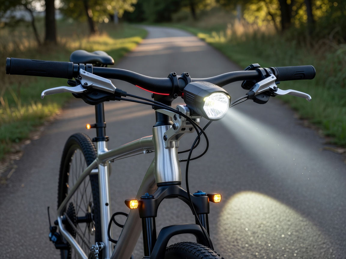 Professional realistic photograph: High lumen bicycle front light physically mounted correctly on real handlebars. Natural lighting, accurate components, no AI artifacts.