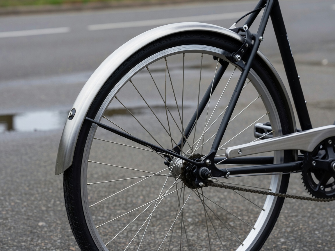 Professional realistic photograph: Genuine full length mudguards fitted accurately closely to a real bicycle wheel. Authentic geometry, no AI artifacts.