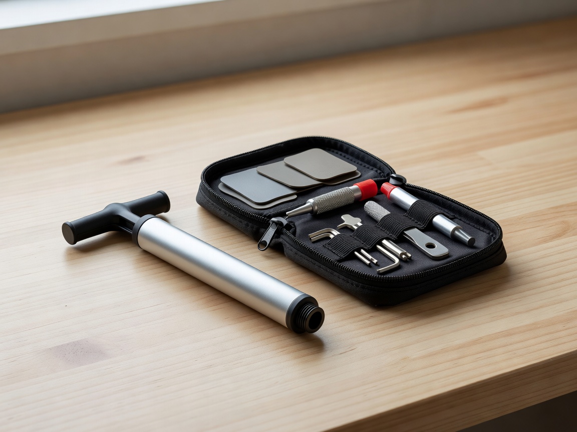 Professional realistic photograph: Compact bicycle hand pump and puncture repair kit. Realistic professional photography, authentic tools, no AI artifacts.