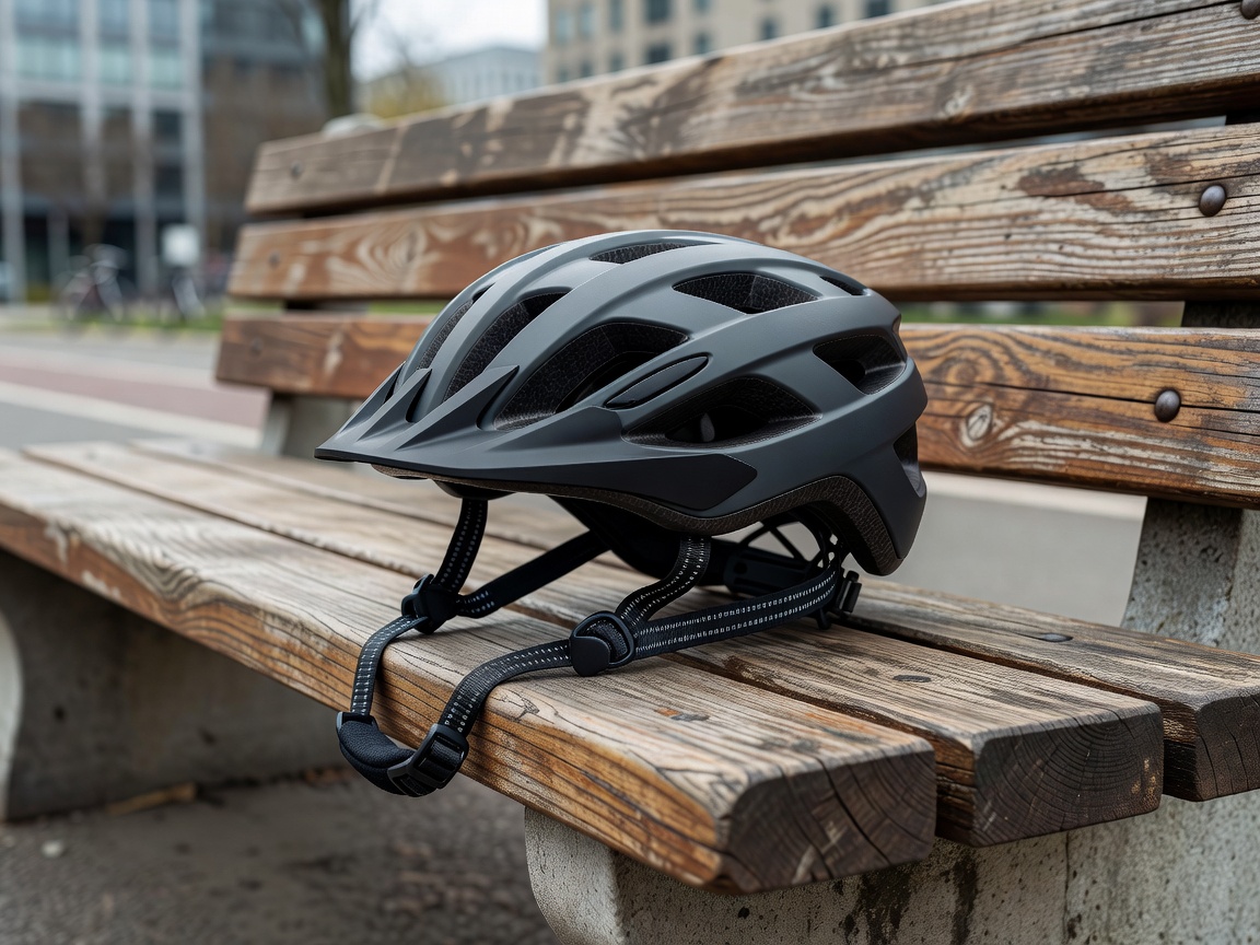 Professional realistic photograph: Modern urban cycling helmet resting naturally on a wooden bench. Realistic materials, natural lighting, no AI artifacts.