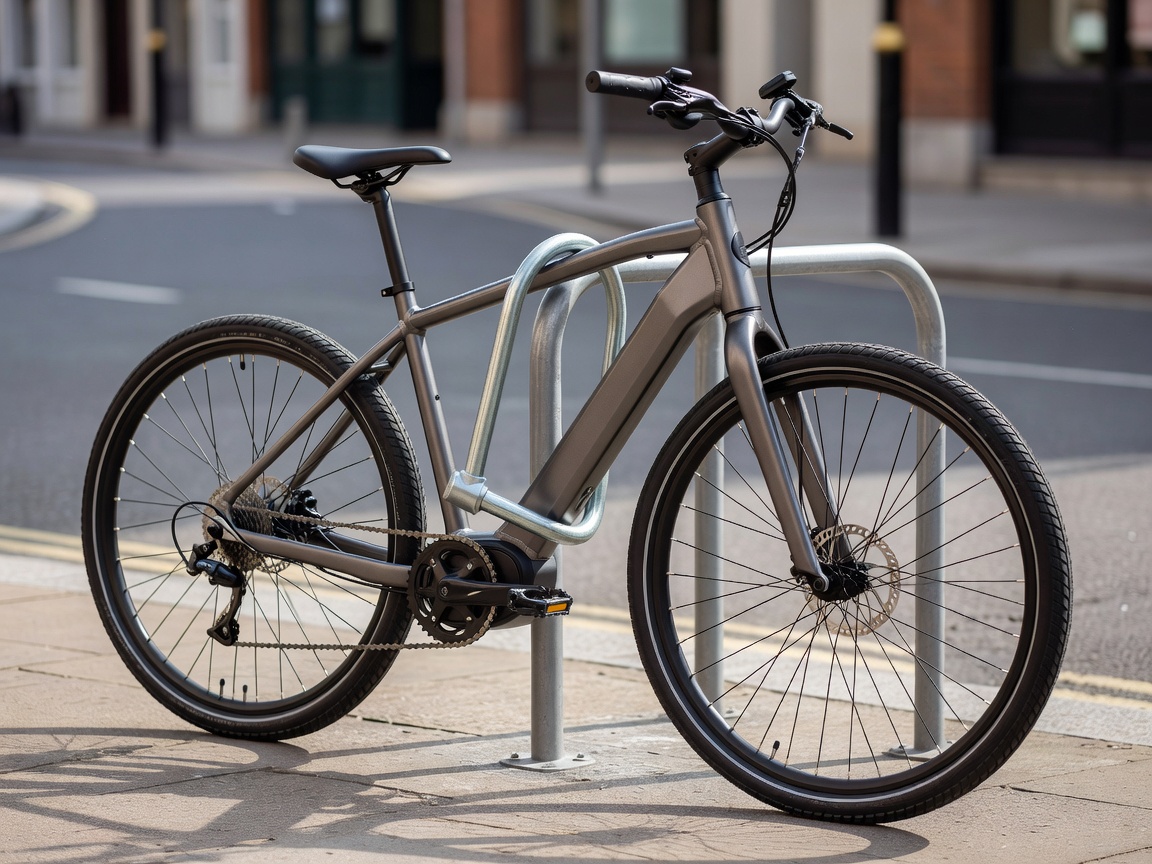 Professional realistic photograph: Heavy duty D-lock physically and correctly securing a real bicycle frame to an immovable urban stand. Genuine street environment, no AI artifacts.