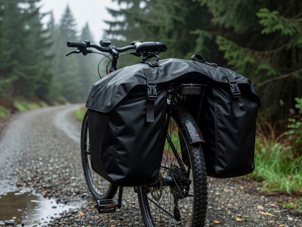 Professional realistic photograph, natural daylight: Waterproof pannier bags physically attached correctly to a realistic rear bicycle rack. British urban street background, accurate geometry, no AI artifacts.