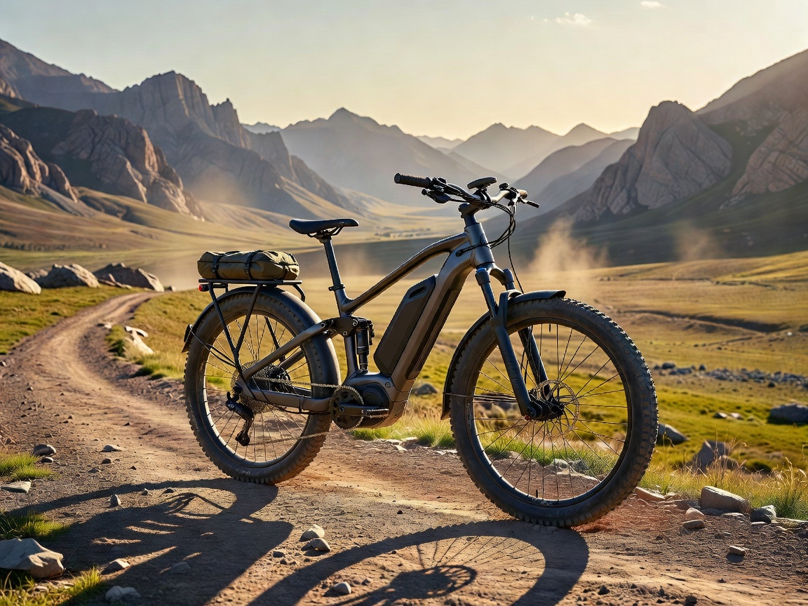Professional realistic photograph: Robust adventure electric bicycle positioned in a realistic rugged outdoor landscape. Accurate suspension and frame geometry, natural daylight, no AI artifacts.