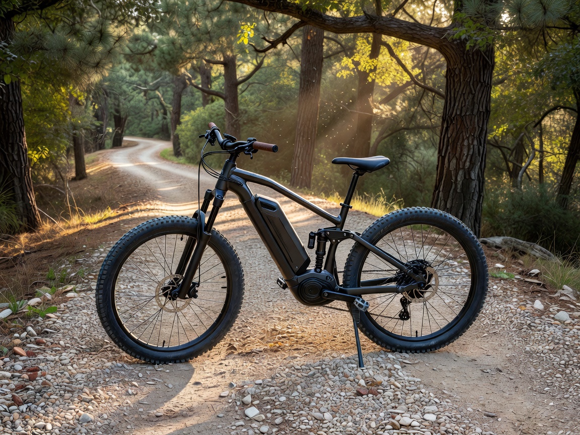 Professional realistic photograph: A hybrid electric bicycle resting realistically on a gravel path surrounded by natural green trees. Correct wheels, accurate frame geometry, natural colours, no AI artifacts.