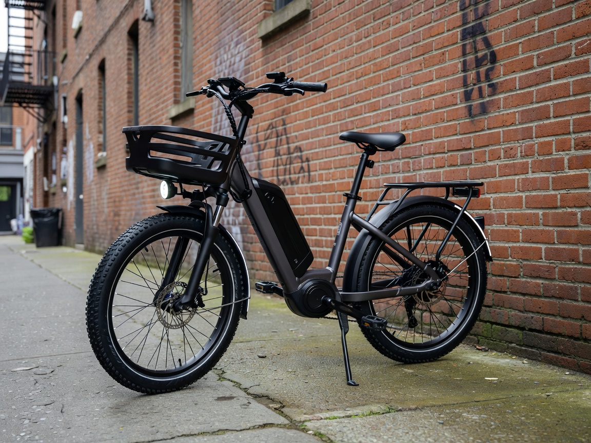 Professional realistic photograph: A practical urban e-bike realistically parked against a brick wall, featuring accurate mudguards and integrated lights. Correct frame geometry, natural daylight, no AI artifacts.