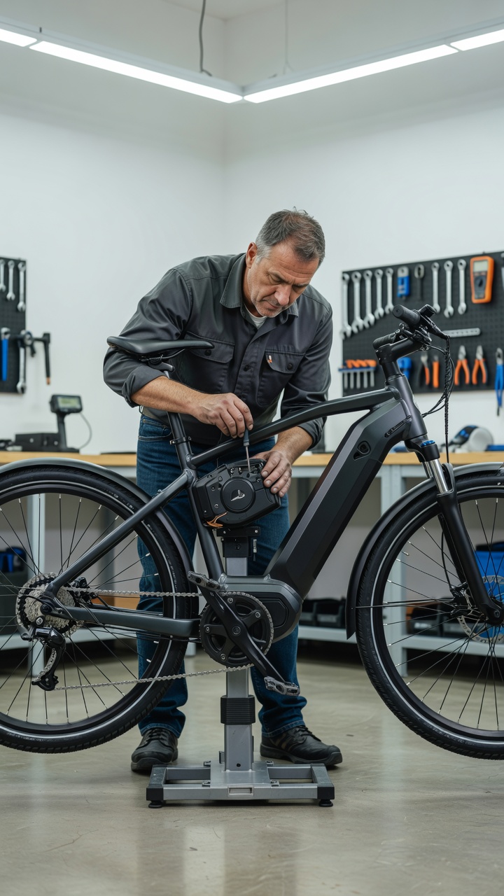 Professional realistic photograph, natural workshop lighting: An anatomically correct bicycle technician with a complete head, correct face, and accurate hands attentively inspecting the motor housing of a real electric bicycle inside a clean, modern workshop. Accurate physical connections, no AI artifacts.