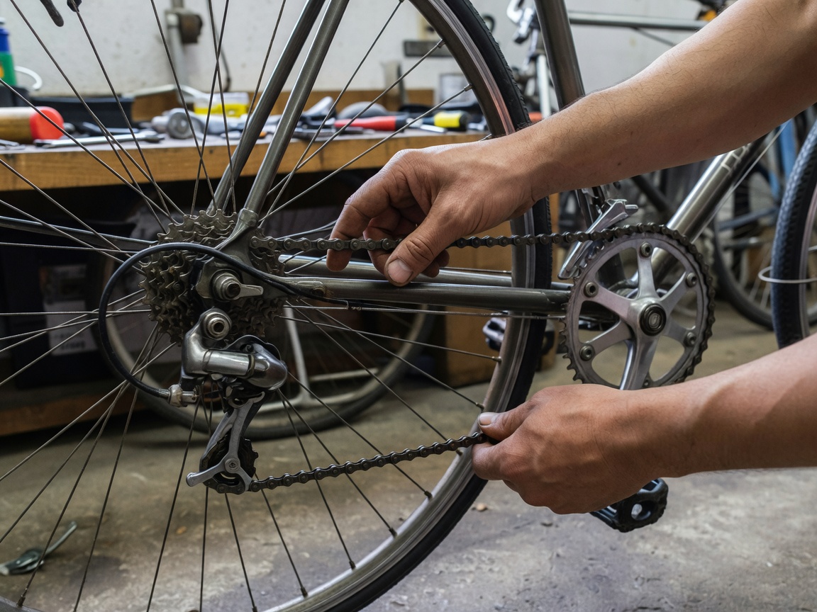 Professional realistic photograph: Anatomically correct human hands checking the tension of an accurate real bicycle chain. Natural workshop lighting, no AI artifacts.
