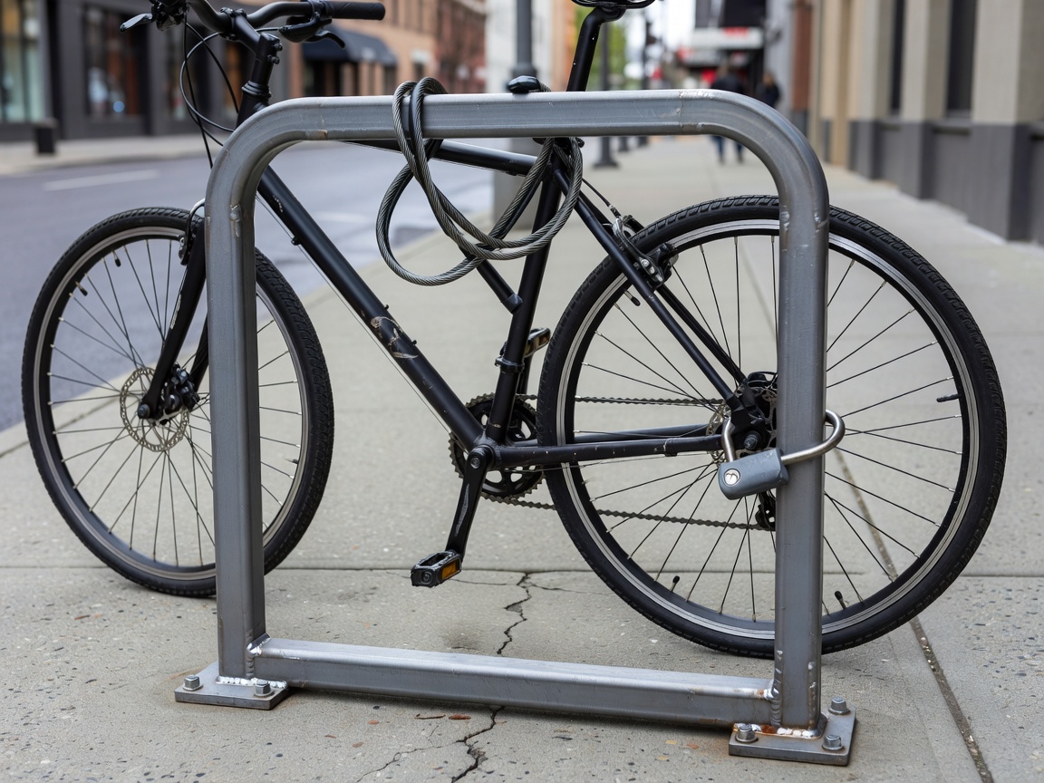 Professional realistic photograph: Real bicycle correctly and securely locked to a heavy steel rack using a genuine D-lock and cable. Accurate connections, urban British setting, no AI artifacts.