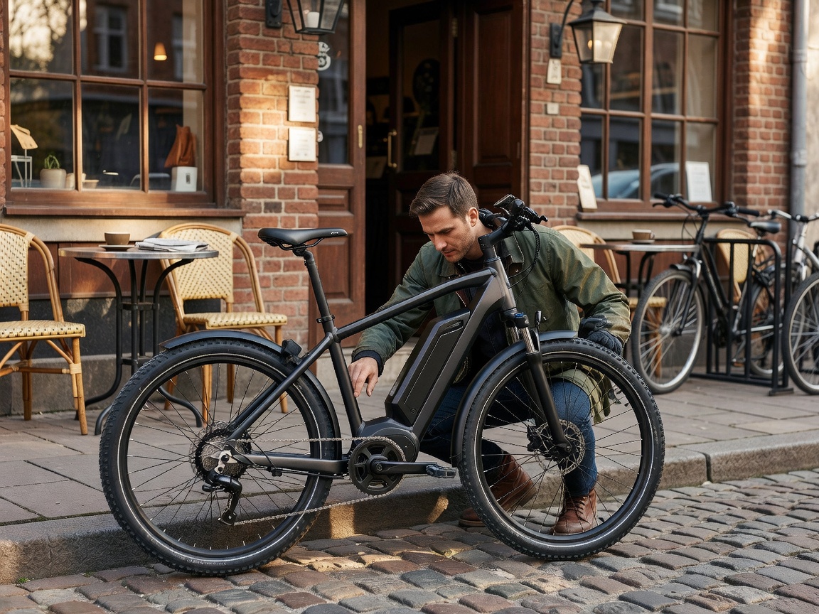 Professional realistic photograph: A person with complete head and correct face inspecting a real e-bike outside a genuine British cafe. Correct anatomy, natural daylight, accurate bicycle, no AI artifacts.