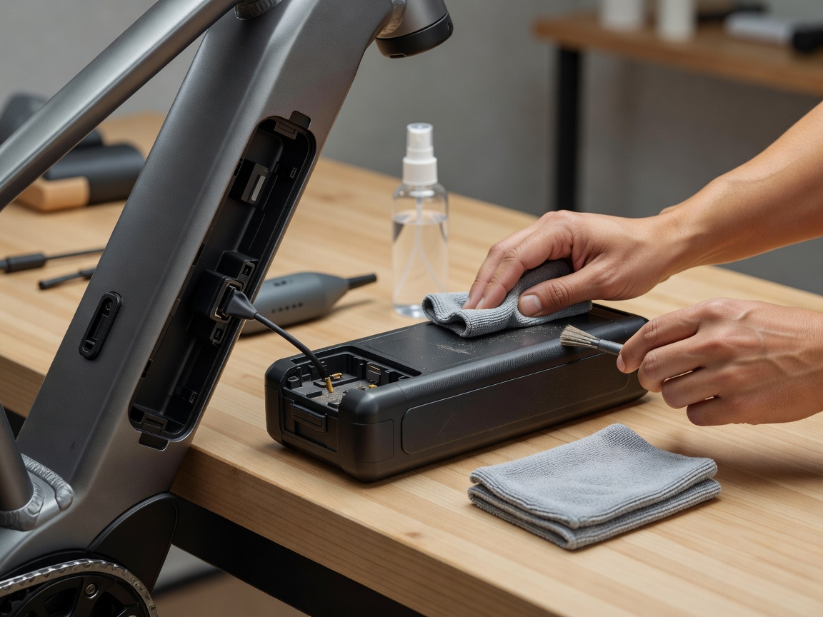 Professional realistic photograph: Real e-bike battery completely detached and resting naturally on a wooden table indoors. Realistic materials and lighting, no AI artifacts.
