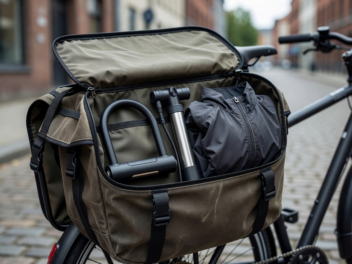 Professional realistic photograph: Open realistic pannier bag showing a real lock, hand pump, and jacket packed inside. Genuine lighting, accurate physical objects, no AI artifacts.