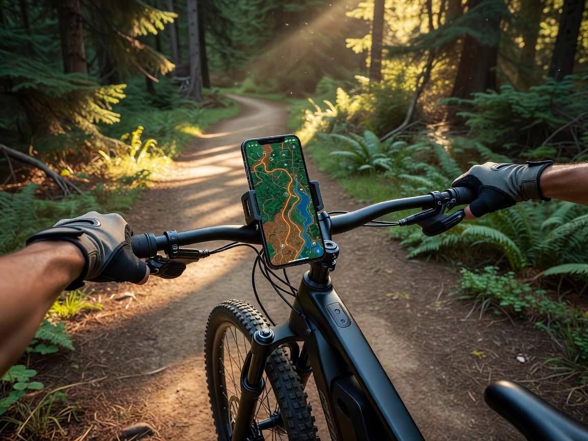Professional realistic photograph: Real smartphone correctly mounted on actual bicycle handlebars displaying a map route. Natural outdoor lighting, accurate components, no AI artifacts.
