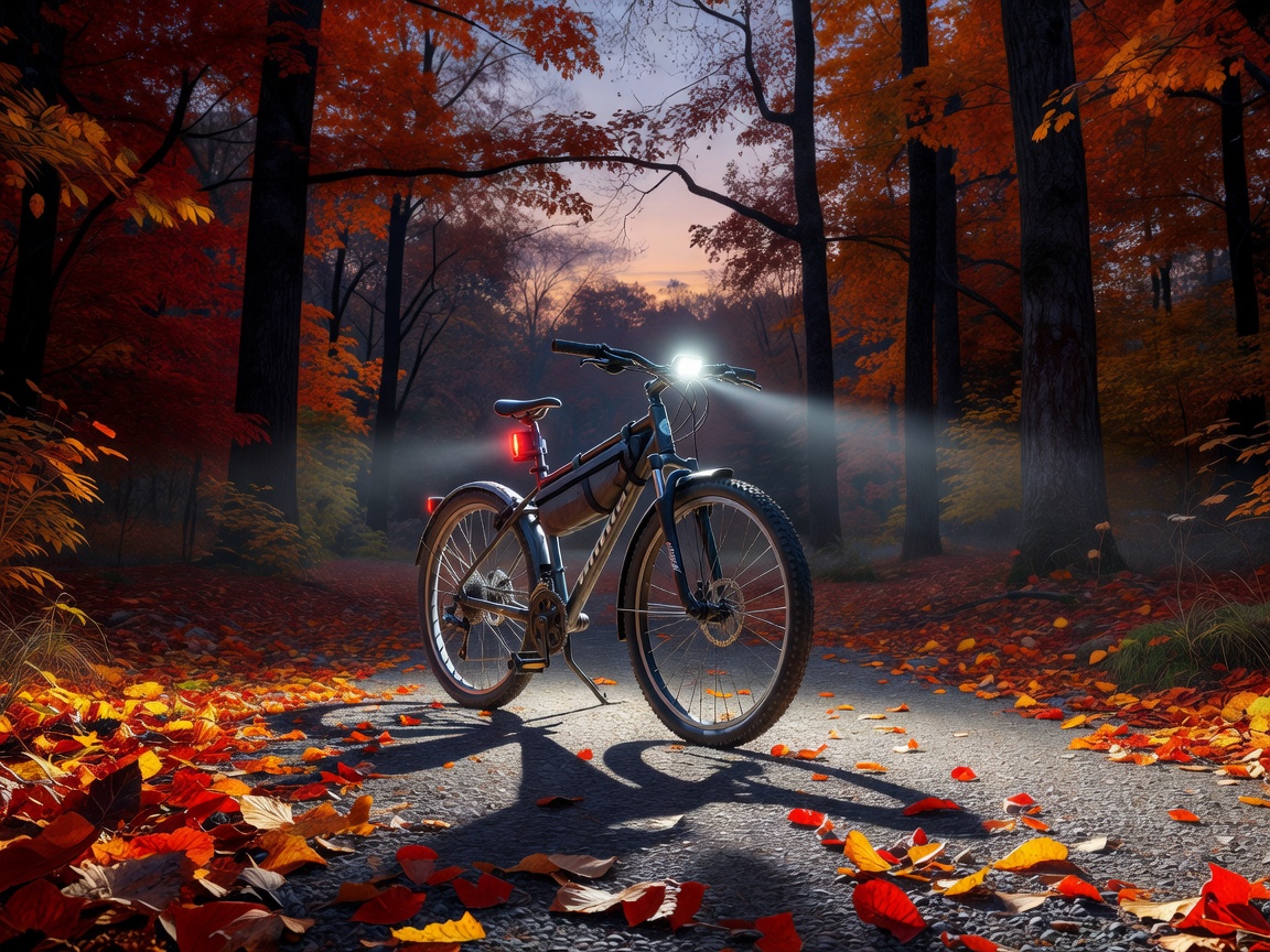 Professional realistic photograph, autumn dusk: Real bicycle equipped with bright realistic lights on a genuine path. Accurate frame geometry, natural colours, no AI artifacts.
