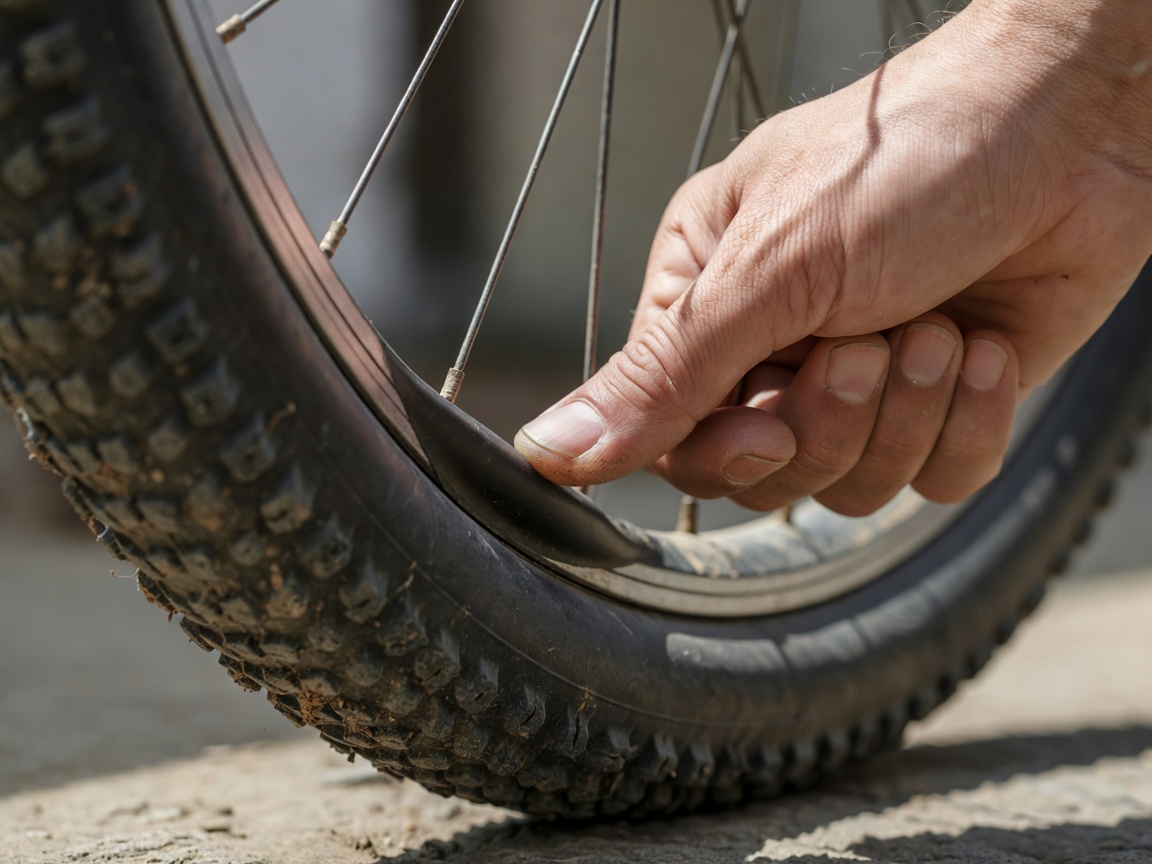 Professional realistic photograph: Correctly formed thumb pressing into a real bicycle tyre. Accurate wheel tread and spokes, no AI artifacts.