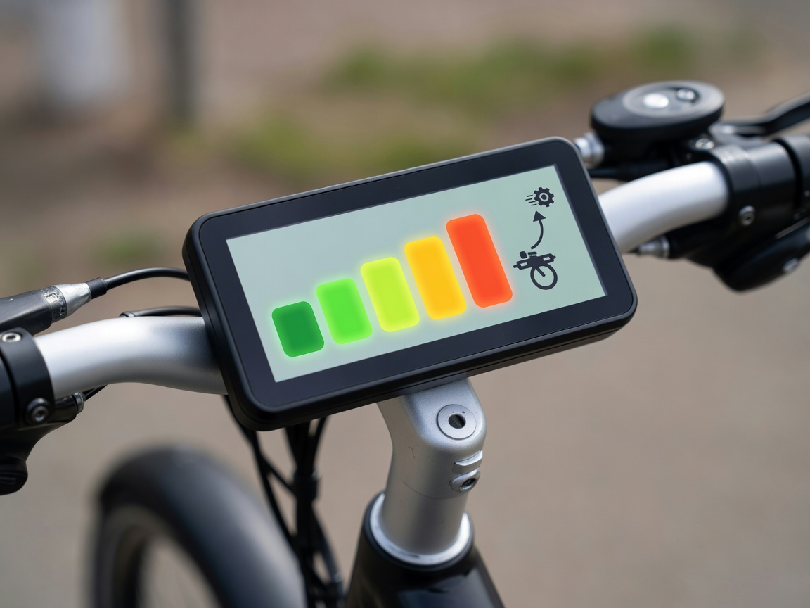 Professional realistic photograph: Close up of a real e-bike handlebar display showing assist modes. Accurate handlebars, natural lighting, no AI artifacts.