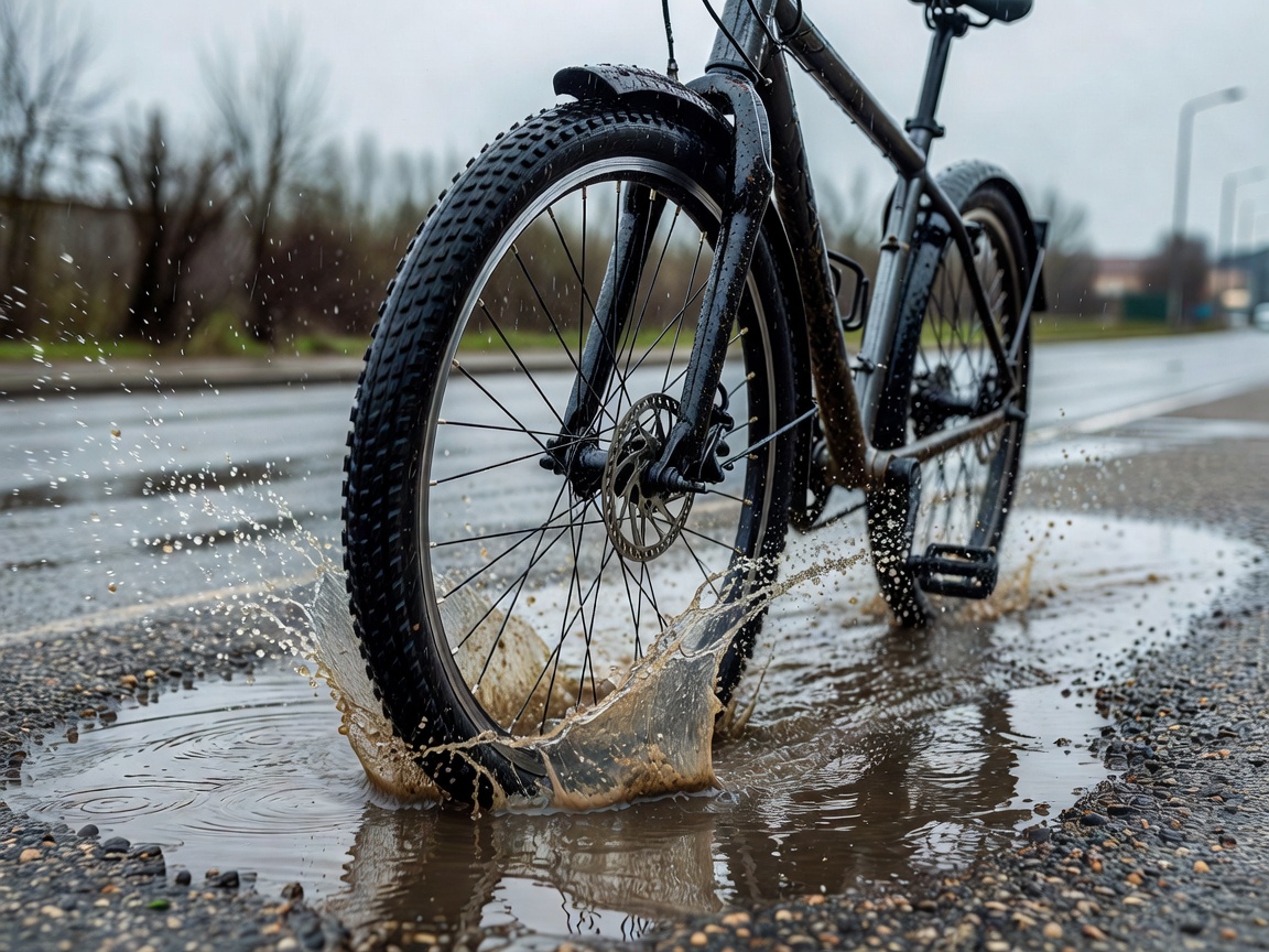 Professional realistic photograph: Realistic bicycle wheel with accurate mudguard splashing through a genuine puddle on a tarmac road. Correct wheel geometry, natural colours, no AI artifacts.