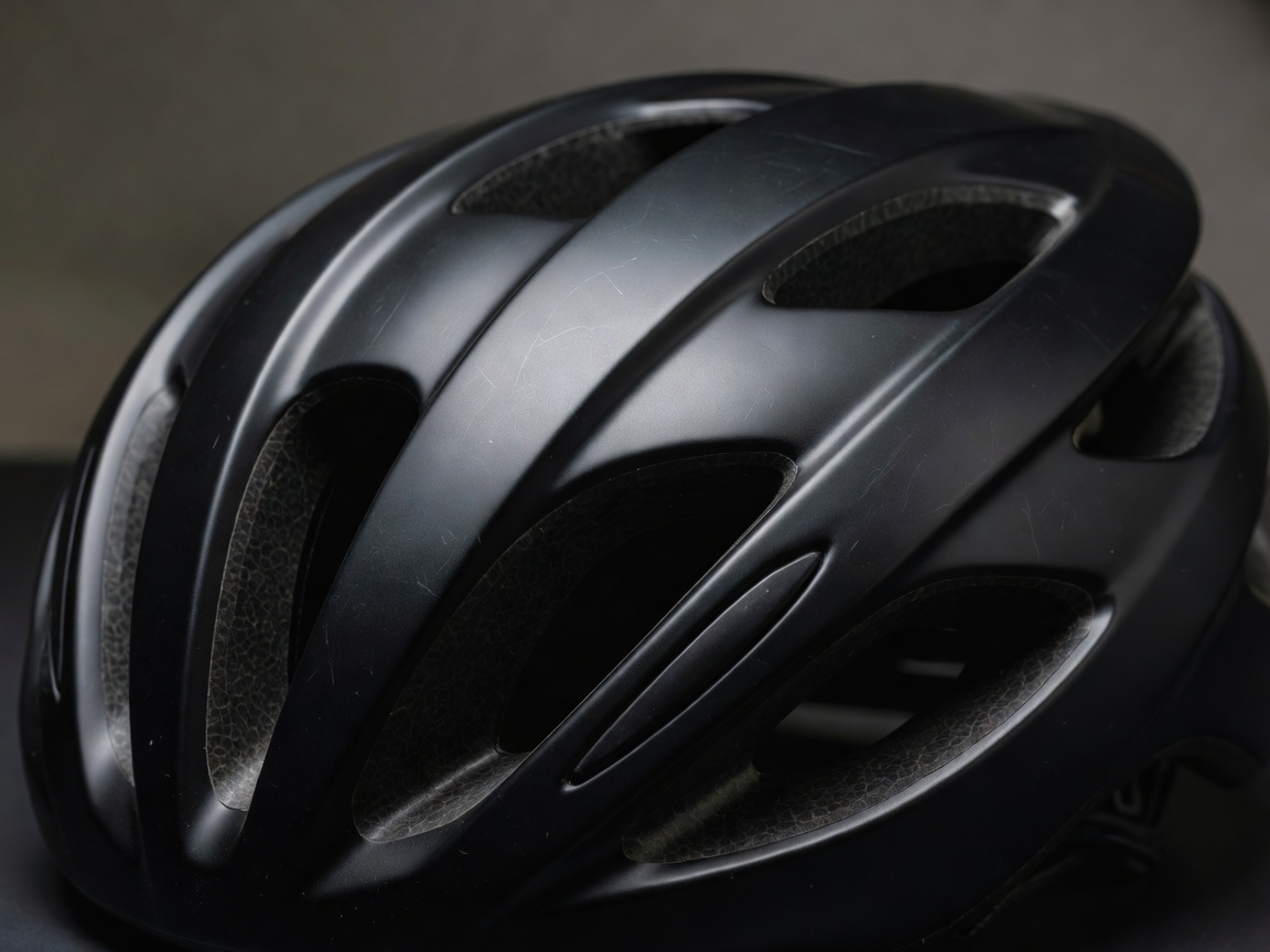 Professional realistic photograph, 85mm lens: Close up of a genuine cycling helmet's hard outer shell resting on a workshop bench. Realistic textures, natural lighting, no AI artifacts.