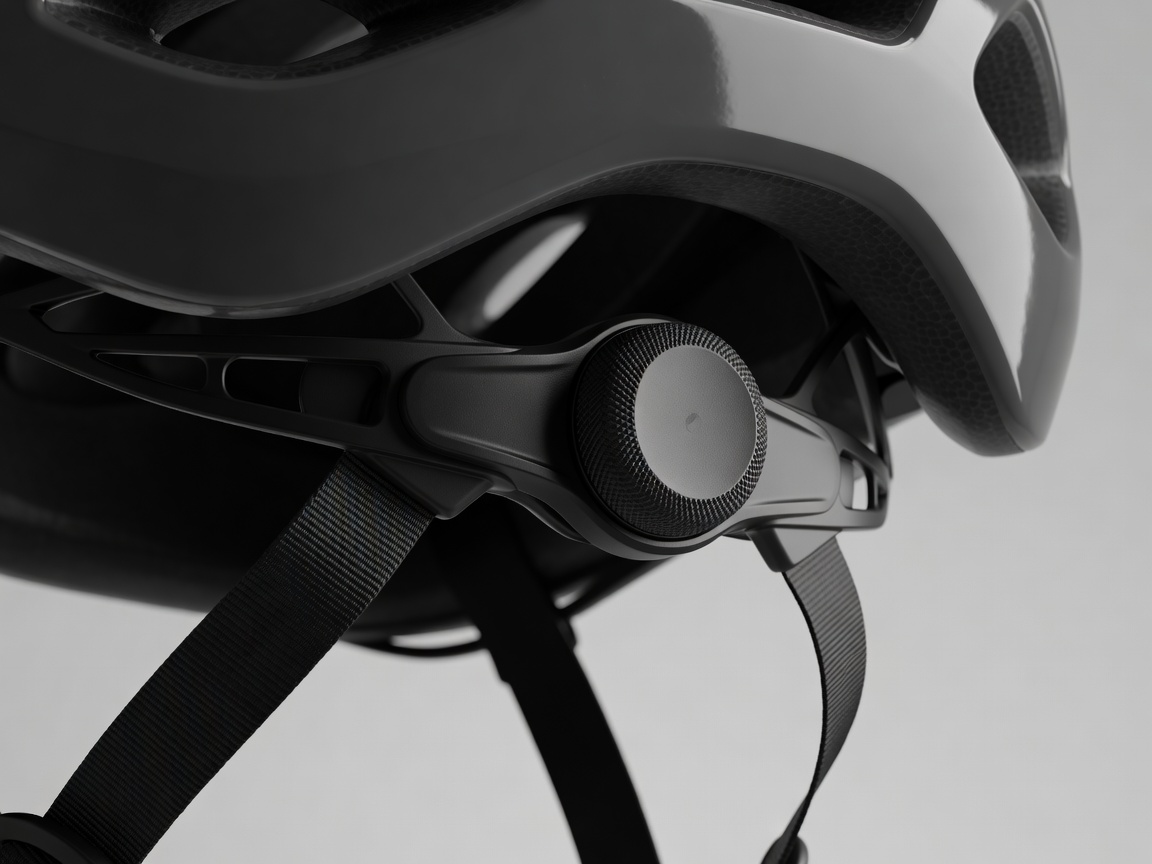 Professional realistic photograph: Close up of an adjustable dial at the back of a real cycling helmet. Accurate mechanical details, natural shadows, no AI artifacts.