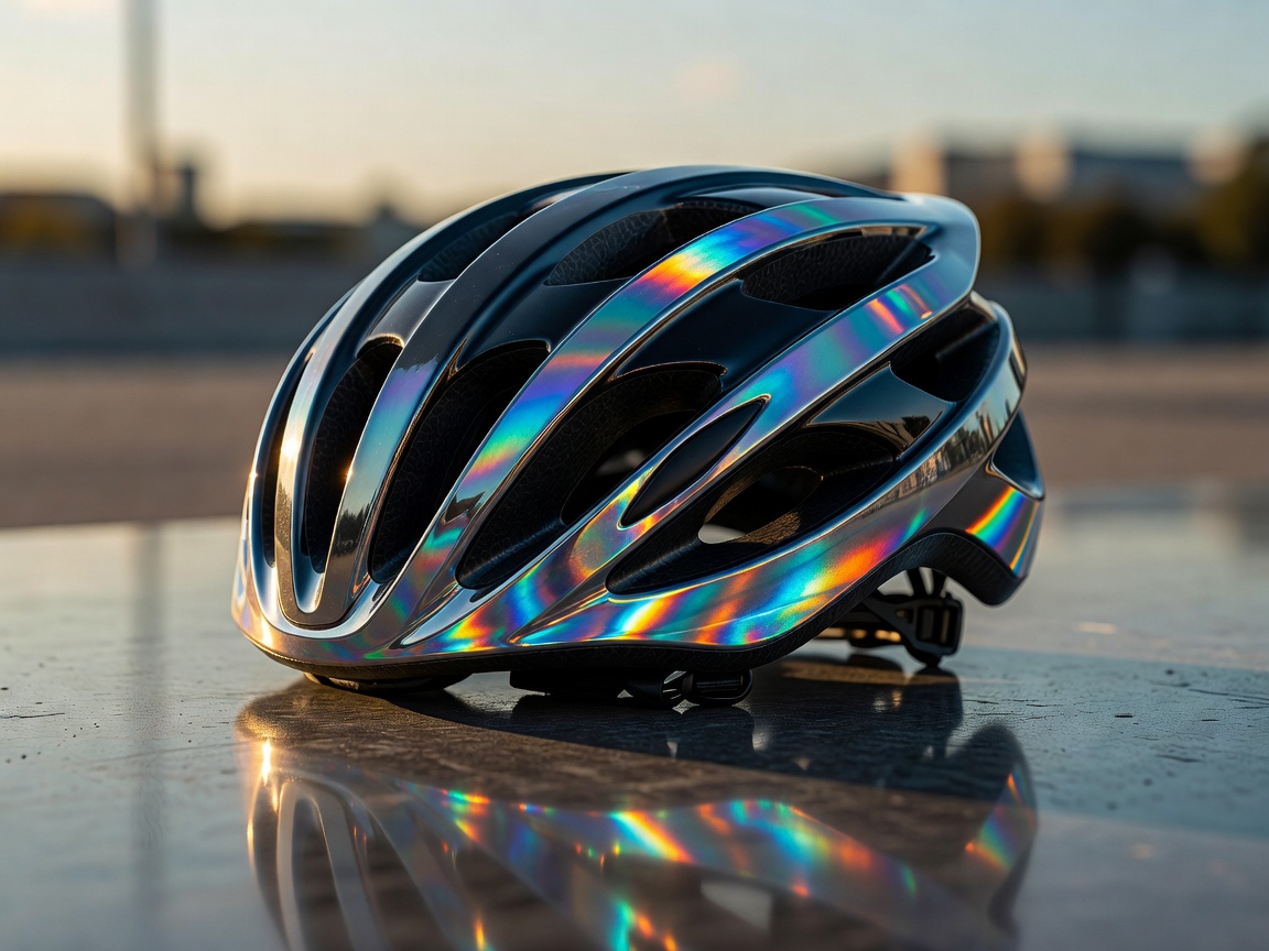 Professional realistic photograph: Reflective detailing on a real bicycle helmet. Genuine lighting conditions, realistic textures, no AI artifacts.