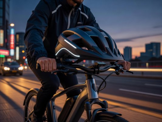 Professional realistic photograph, natural daylight: A cyclist riding an e-bike in a British urban setting. Complete human head and face clearly visible, anatomically correct body, accurate bicycle geometry, natural colours, no AI artifacts.