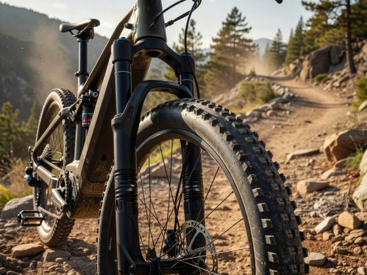 Professional realistic photograph, 85mm lens: Close up of an accurate suspension fork and aggressive real tyre tread on a genuine adventure electric bicycle. Natural outdoor lighting, correct bicycle geometry, no AI artifacts.