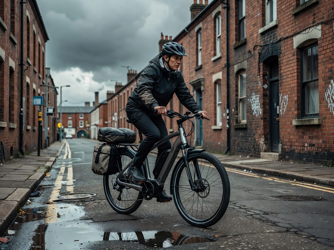 Professional realistic photograph, natural daylight: Cyclist riding a modern electric bicycle with panniers on a realistic South Yorkshire street. Complete anatomically correct human with full head and face, accurate bicycle geometry with correct wheels, natural colours, no AI artifacts.