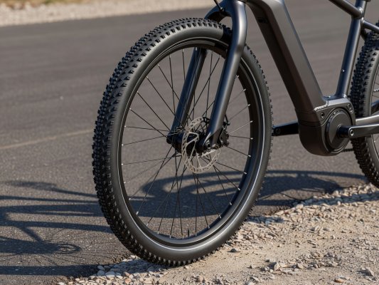 Professional realistic photograph, macro 85mm lens: Close up of a real hybrid e-bike tyre showing a mixed tread pattern suitable for road and light gravel. Accurate wheel rims, natural lighting, no AI artifacts.