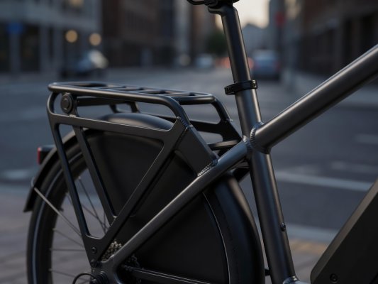 Professional realistic photograph: Close up of a real built-in rear rack on a genuine modern urban electric bicycle. Accurate frame welds, realistic components, natural lighting, no AI artifacts.