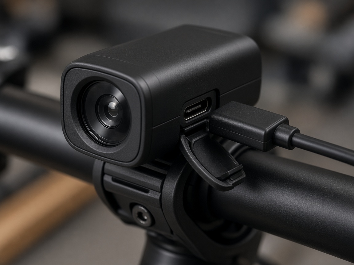 Professional realistic photograph: Real USB charging cable physically connected to an accurate port on a bicycle light. Realistic textures, no AI artifacts.
