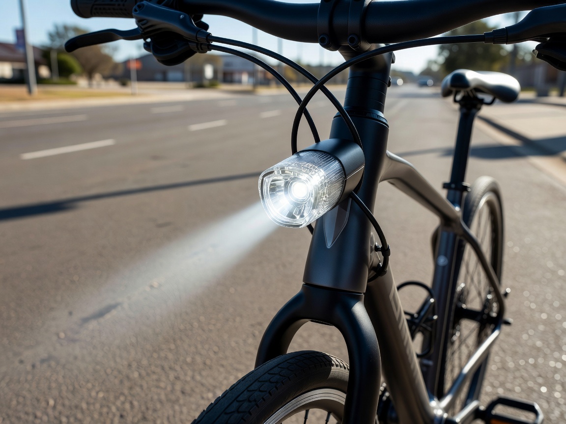 Professional realistic photograph, natural daylight: Real bicycle front light operating brightly during daylight hours on accurate handlebars. Genuine British street background, no AI artifacts.