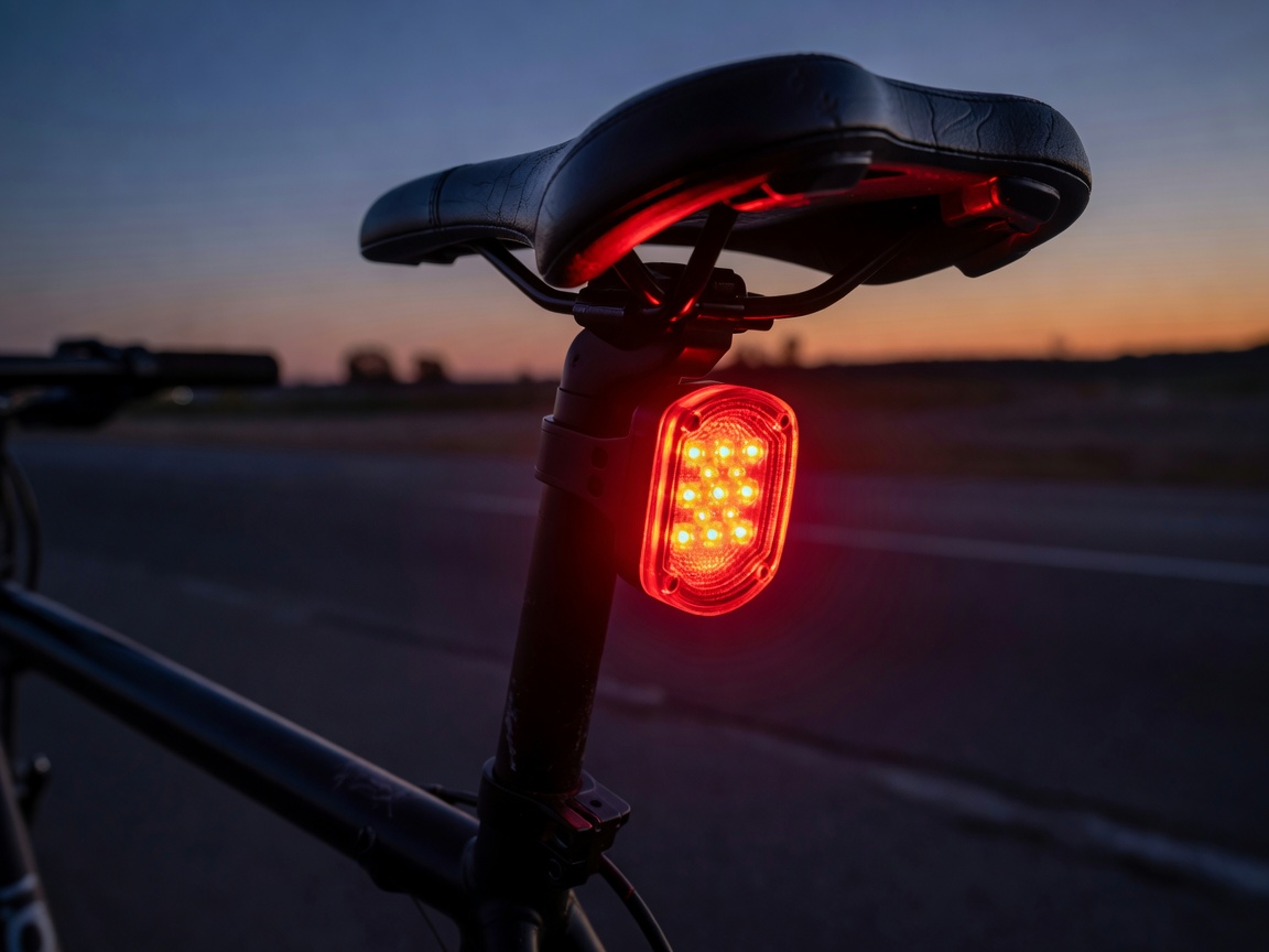 Professional realistic photograph: Bright realistic red rear bicycle light properly attached to an accurate bicycle seatpost. Genuine materials, no AI artifacts.