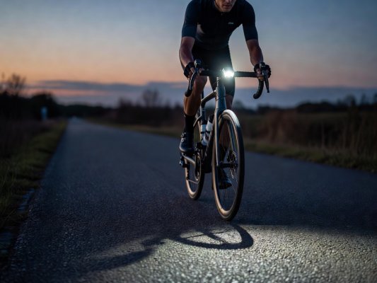 Professional realistic photograph, natural dusk lighting: A powerful, realistic front bicycle light correctly mounted and illuminating a genuine tarmac path. Accurate bicycle components, no AI artifacts.