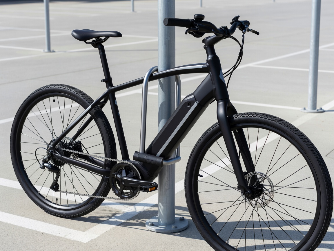Professional realistic photograph: Real bicycle frame securely and correctly attached to an immovable steel post with a genuine lock. Accurate physical connection, no AI artifacts.