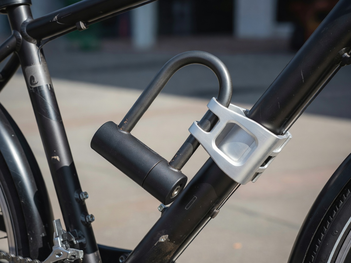 Professional realistic photograph: Real D-lock securely and physically mounted to an accurate bicycle frame bracket. Realistic materials and geometry, no AI artifacts.
