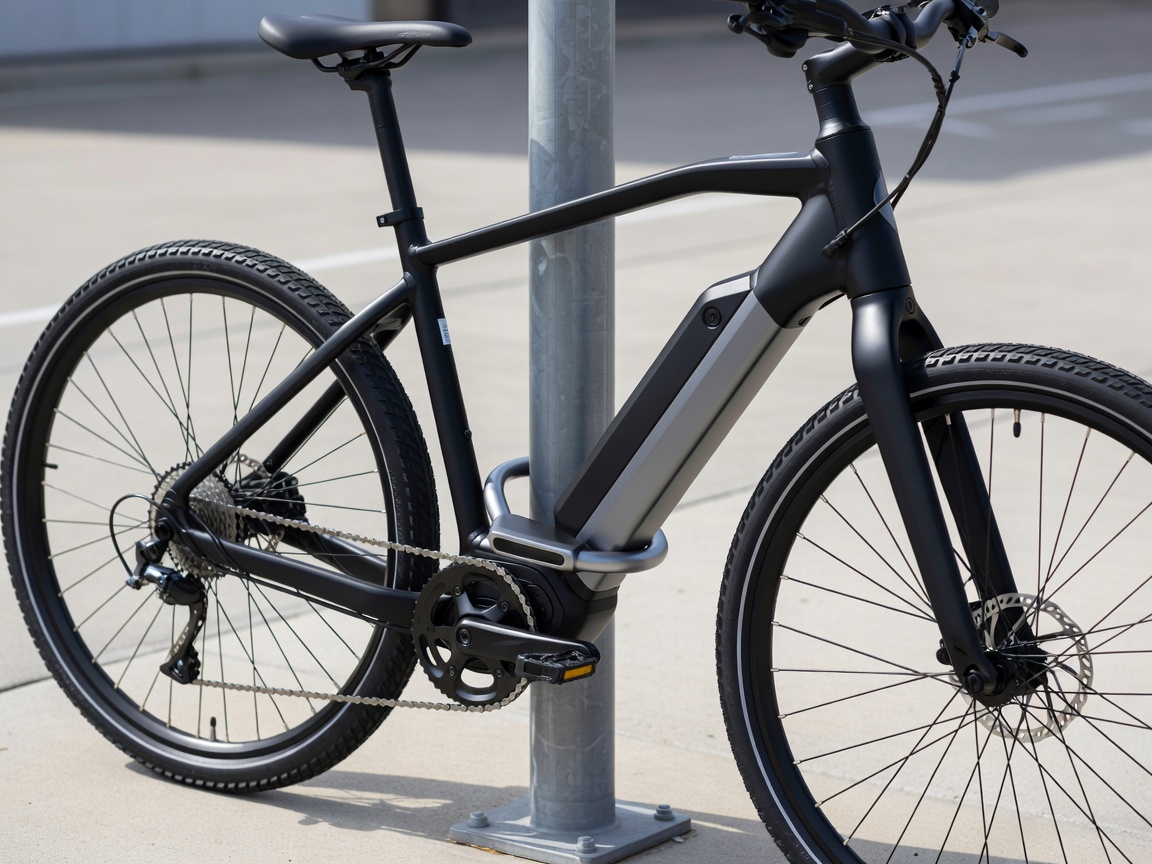 Professional realistic photograph: Real D-lock accurately securing both the rear wheel and frame of a genuine bicycle to a steel rack. Correct wheel geometry, no AI artifacts.