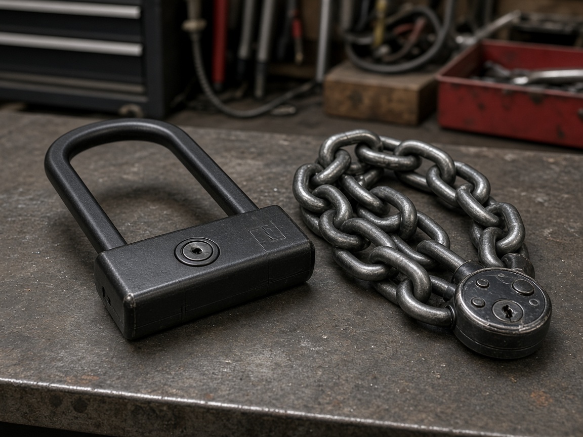 Professional realistic photograph: Comparison of a real heavy duty D-lock and a genuine thick chain lock resting on a workshop bench. Accurate materials, natural lighting, no AI artifacts.