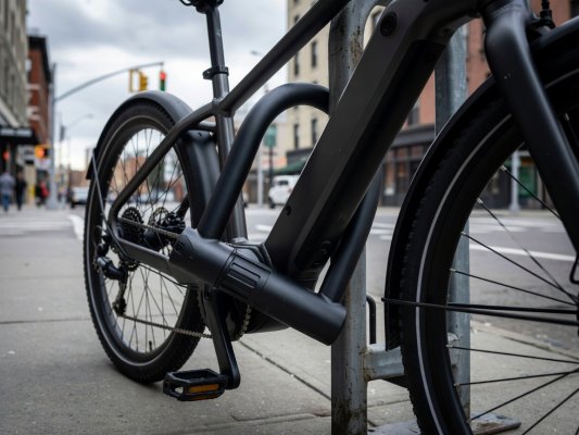 Professional realistic photograph, natural daylight: A robust real D-lock securely and physically fastening an accurate electric bicycle to a genuine urban steel stand. Realistic British street, no AI artifacts.