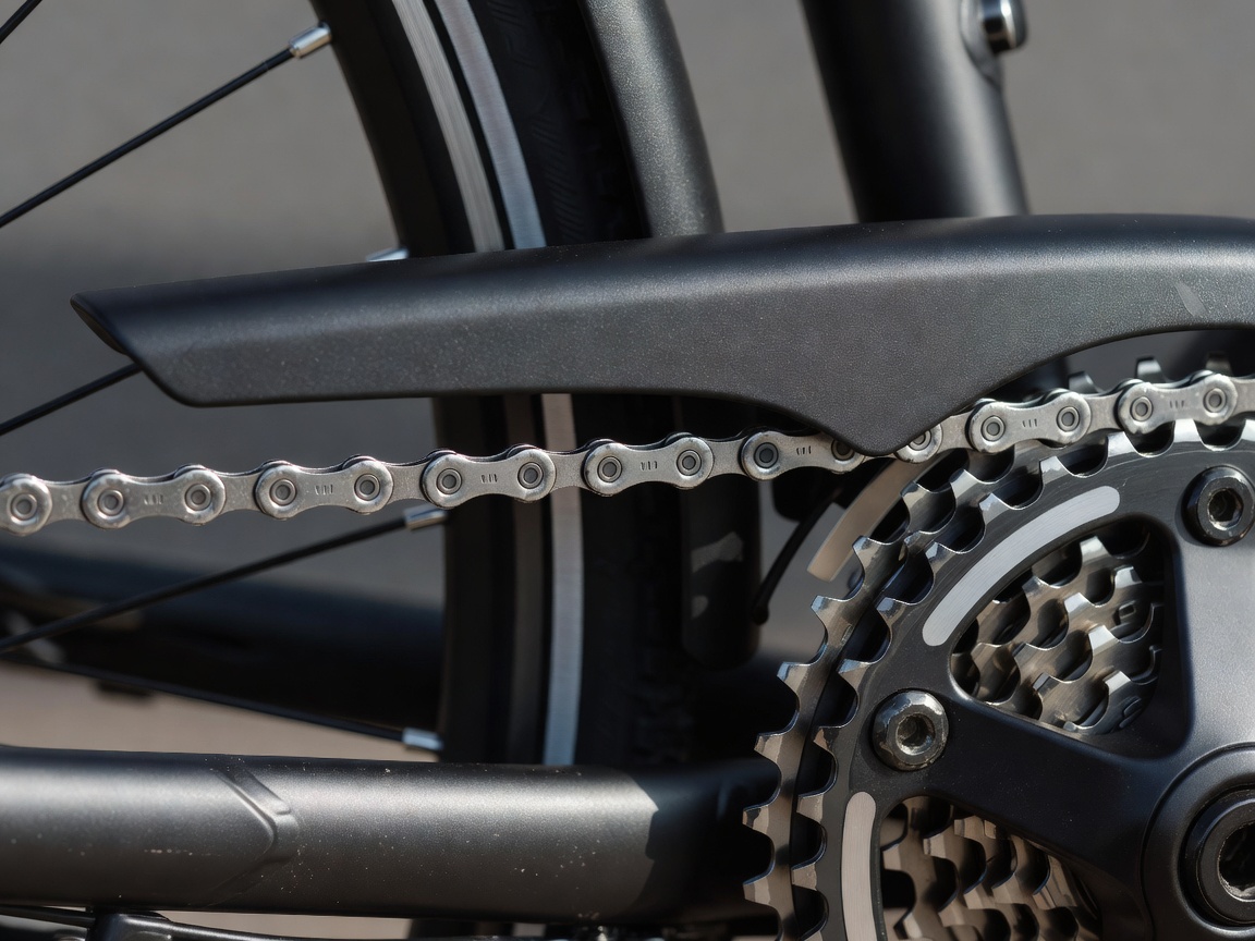 Professional realistic photograph: Close up of an accurate, clean bicycle chain and gears protected properly behind a real mudguard. Authentic mechanical parts, no AI artifacts.