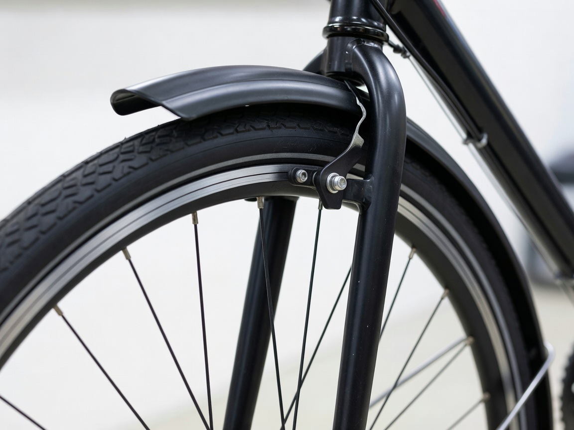Professional realistic photograph: Close up gap check showing accurate clearance between a real tyre and genuine mudguard under a bicycle fork. Authentic physical spacing, no AI artifacts.
