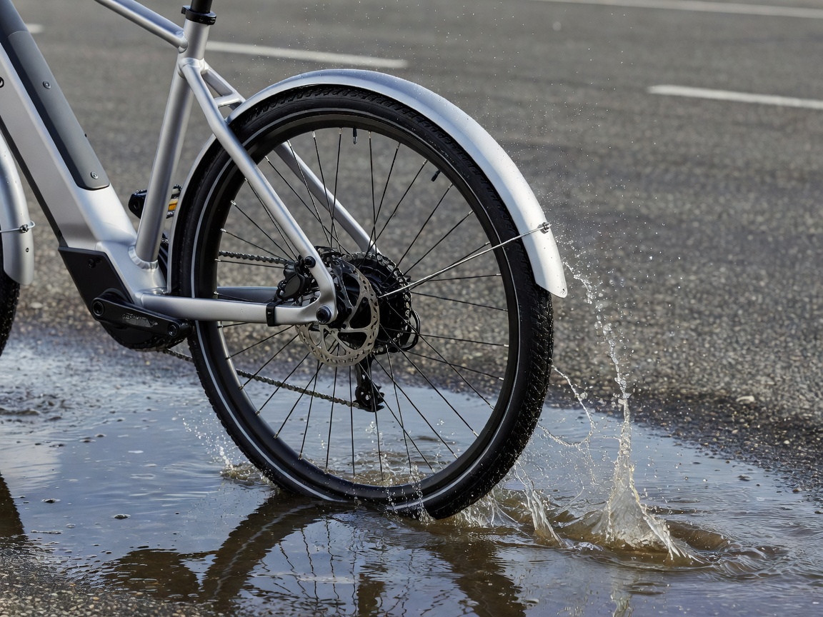 Professional realistic photograph: Real rear mudguard correctly capturing spray from an accurately spinning bicycle tyre. Genuine physical interaction, no AI artifacts.