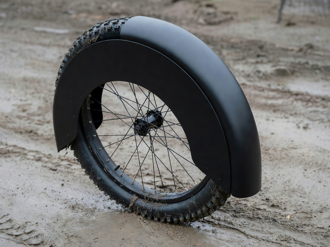 Professional realistic photograph: Genuine full length mudguard wrapping closely and correctly around an accurate bicycle wheel profile. Realistic geometry, no AI artifacts.