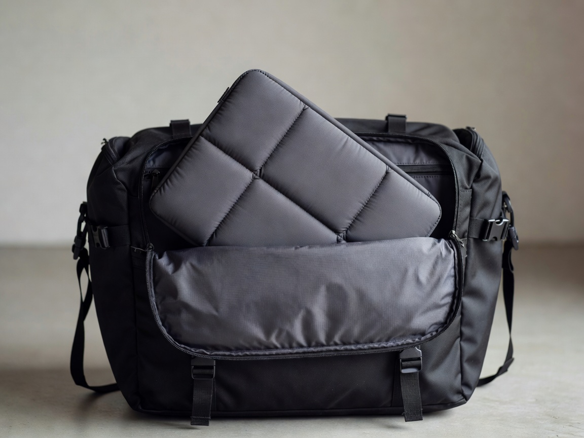 Professional realistic photograph: View inside a real open pannier bag showing a padded laptop sleeve. Authentic materials, realistic lighting, no AI artifacts.