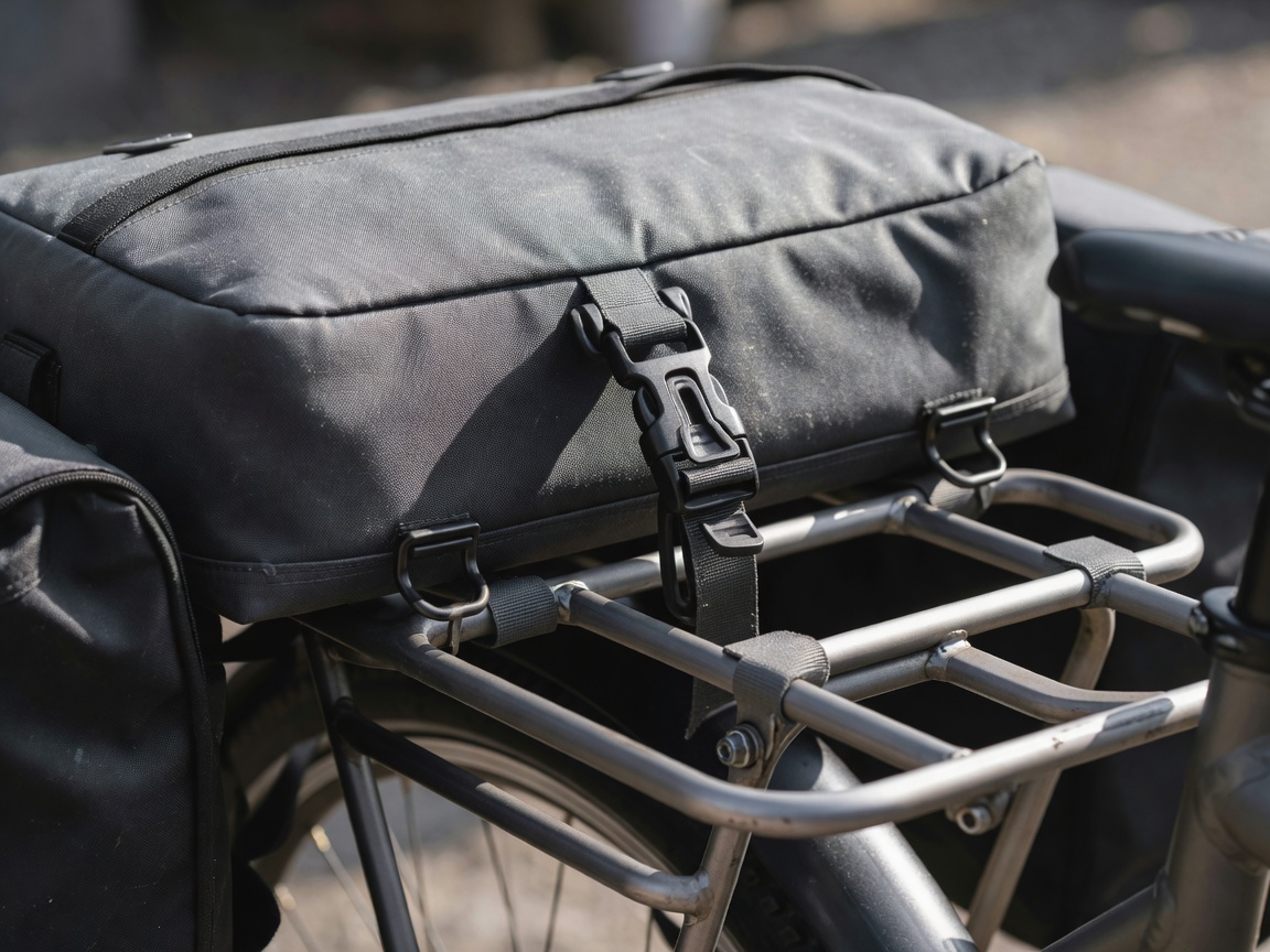 Professional realistic photograph: Close up of a real quick release clip system on the back of a genuine pannier bag attached to a metal rack. Accurate physical connection, no AI artifacts.