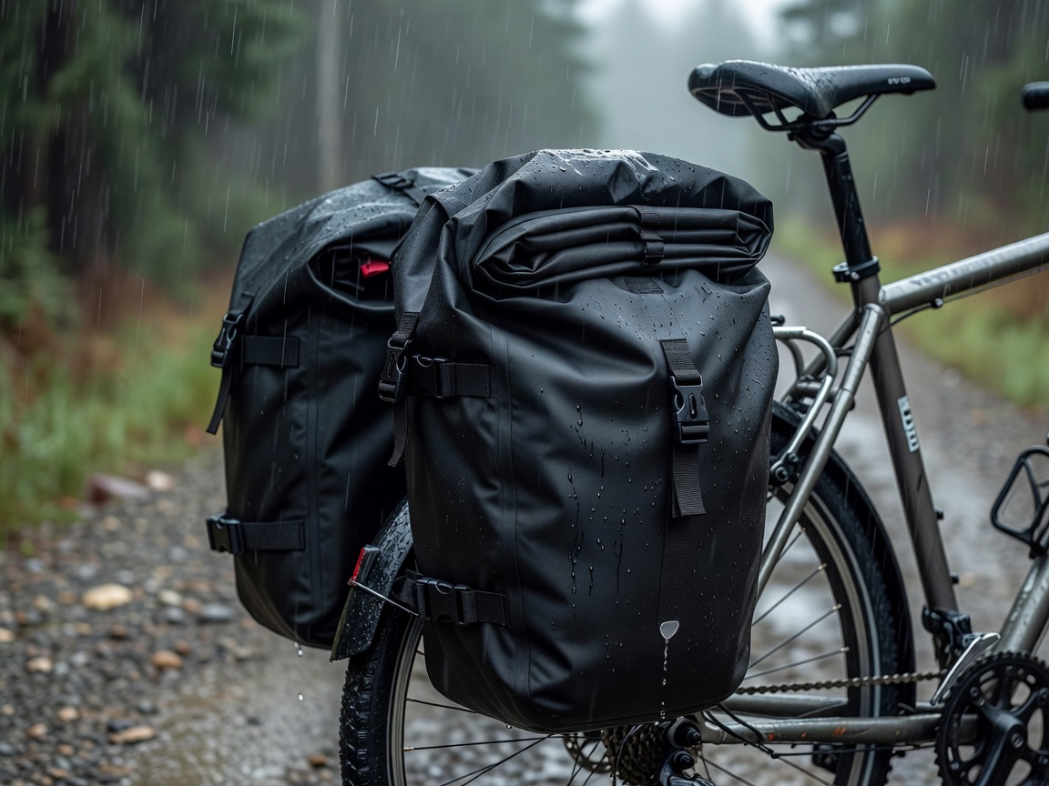 Professional realistic photograph: Close up of a roll-top waterproof closure on a real bicycle bag. Genuine fabric textures, natural lighting, no AI artifacts.