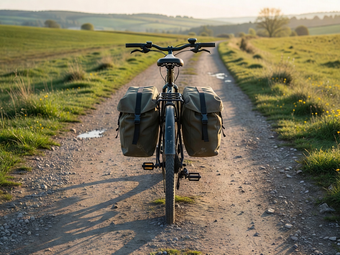 Professional realistic photograph: Rear view of a real bicycle with two evenly matched, authentic panniers attached correctly to the rack. Accurate bicycle geometry, no AI artifacts.