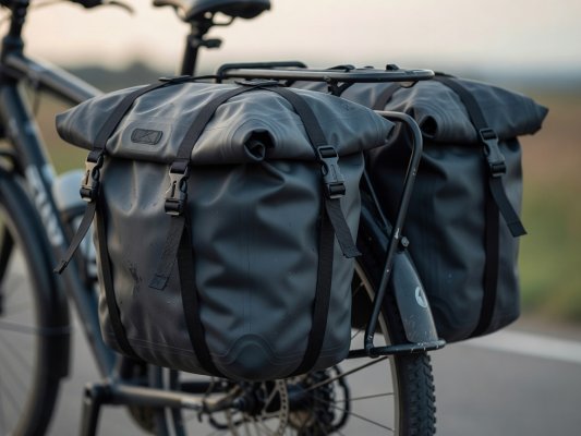 Professional realistic photograph, natural daylight: Genuine waterproof pannier bags fully loaded and physically attached correctly to an accurate rear bicycle rack. Authentic British urban background, no AI artifacts.