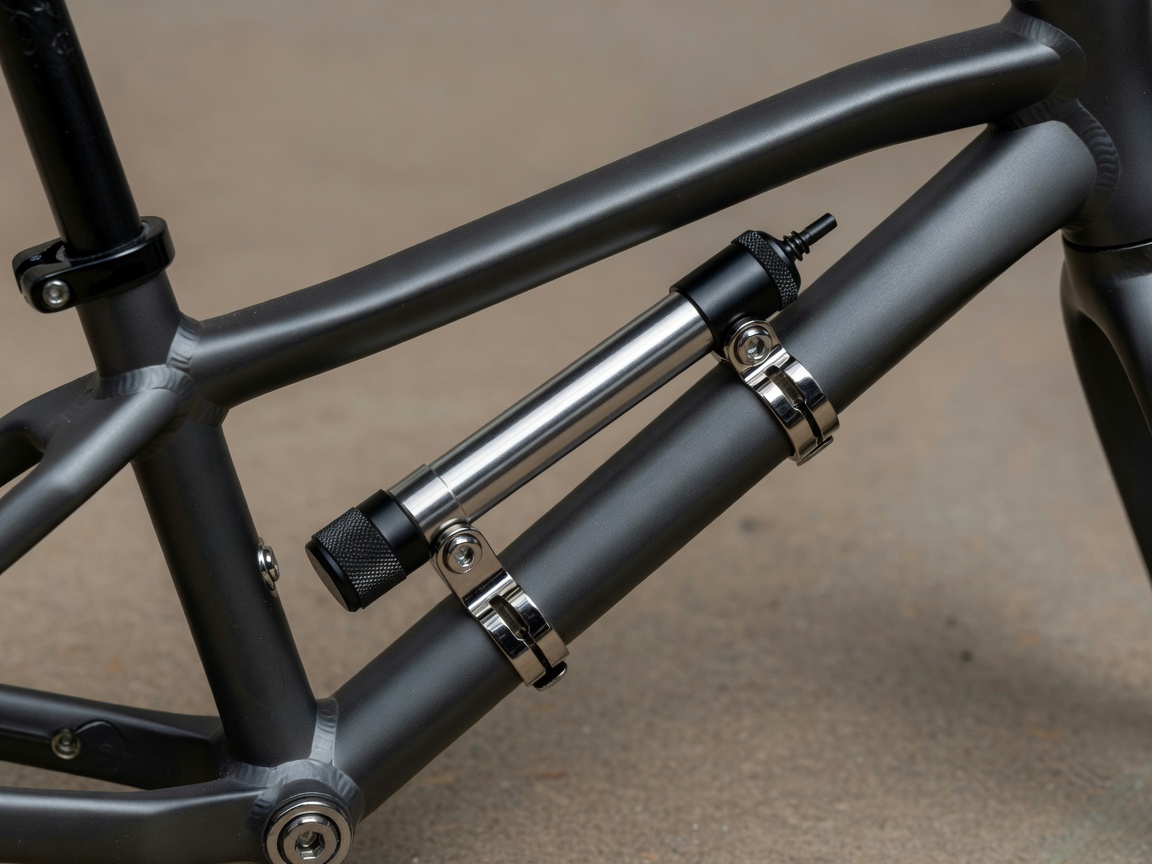 Professional realistic photograph, 50mm lens: Miniature bicycle pump physically attached correctly and securely to a bicycle down tube. Accurate frame geometry, realistic materials, no AI artifacts.
