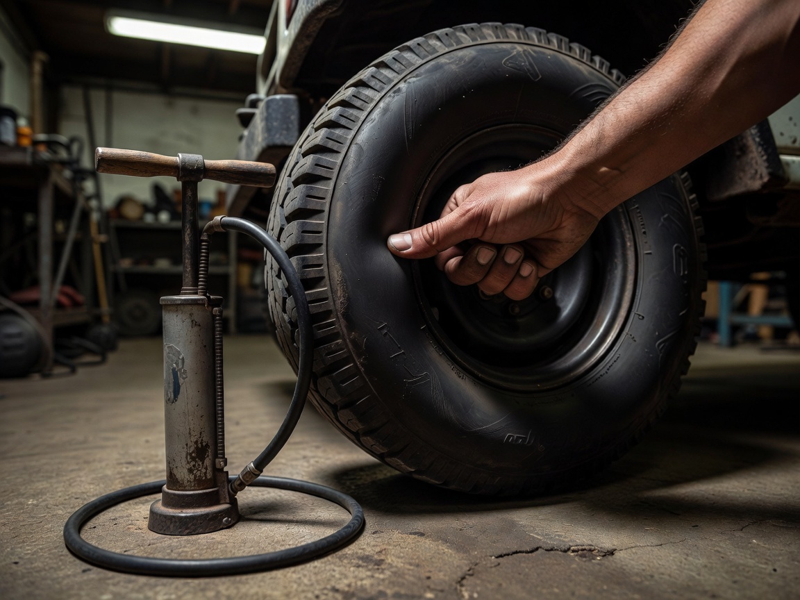 Professional realistic photograph: Correctly formed human hand with accurate fingers pressing into a real bicycle tyre to check inflation levels. Complete anatomy, realistic wheel spokes, no AI artifacts.