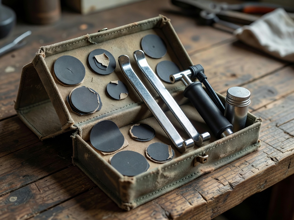 Professional realistic photograph: A realistic small box containing puncture repair patches and accurate tyre levers resting on a wooden workshop bench. Natural lighting, no AI artifacts.