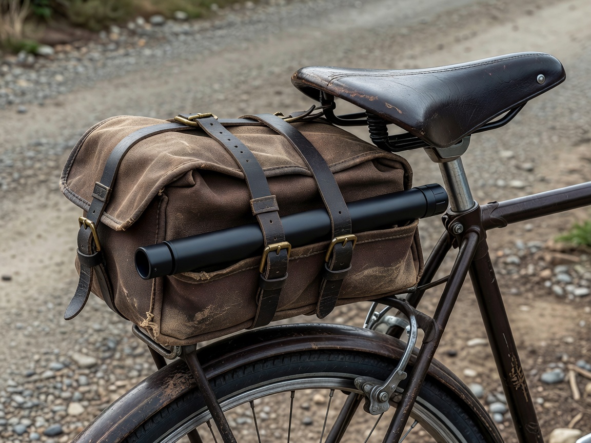 Professional realistic photograph: Compact saddlebag securely and realistically strapped beneath a correct bicycle seat. Natural outdoor lighting, accurate bicycle components, no AI artifacts.
